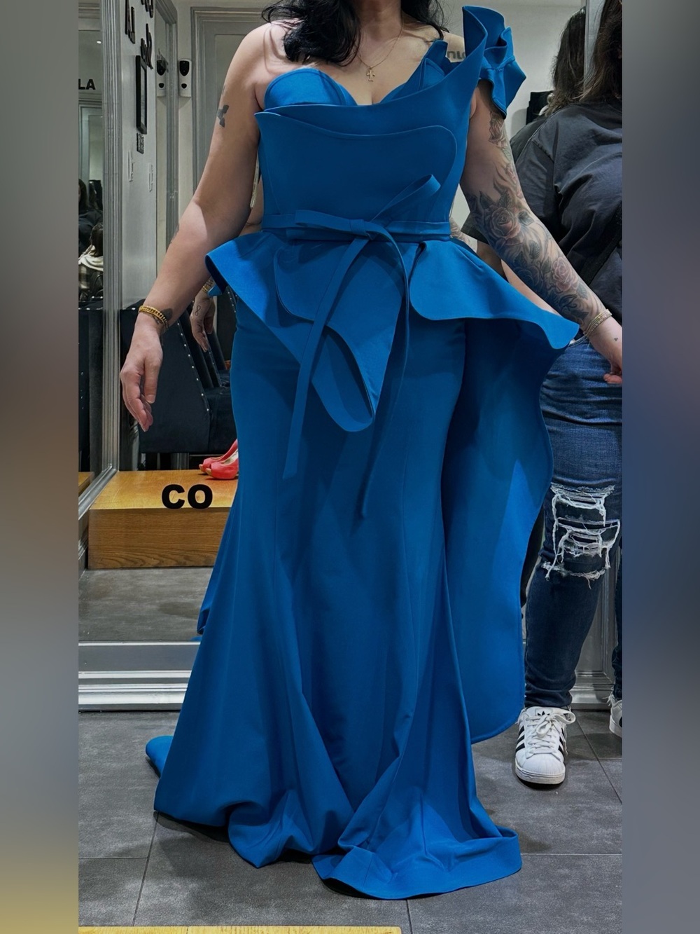 MNM Couture Electric Blue One-Shoulder Peplum Gown